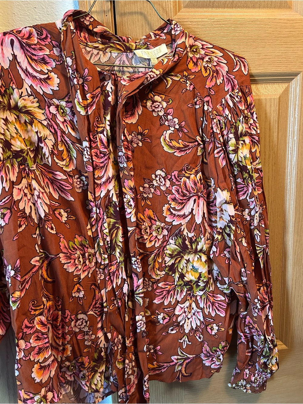Farmers Market Brown Floral Tie-Neck Blouse with Pink & Yellow Flowers